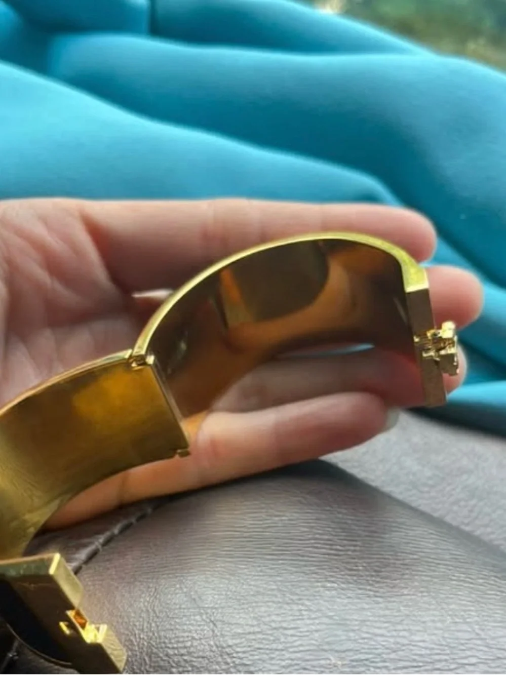 Tory Burch Gold and Black Leather Cuff Bracelet